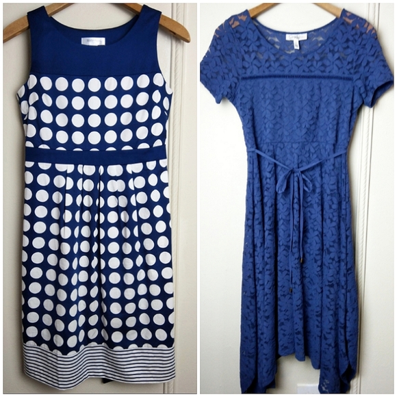 Maternity Bundle 2 Dresses Midi Length Blue Lace and Polka dot SZ Small - Picture 1 of 8